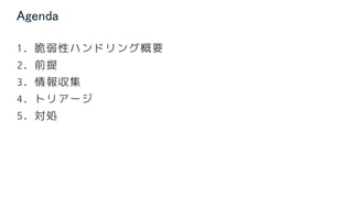 Agenda
1. 脆弱性ハンドリング概要
2. 前提
3. 情報収集
4. トリアージ
5. 対処
 