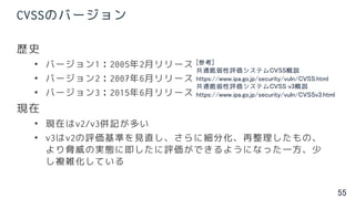 55
CVSSのバージョン
歴史
• バージョン1：2005年2月リリース
• バージョン2：2007年6月リリース
• バージョン3：2015年6月リリース
現在
• 現在はv2/v3併記が多い
• v3はv2の評価基準を見直し、さらに細分化、再整理したもの、
より脅威の実態に即したに評価ができるようになった一方、少
し複雑化している
[参考]
共通脆弱性評価システムCVSS概説
https://www.ipa.go.jp/security/vuln/CVSS.html
共通脆弱性評価システムCVSS v3概説
https://www.ipa.go.jp/security/vuln/CVSSv3.html
 