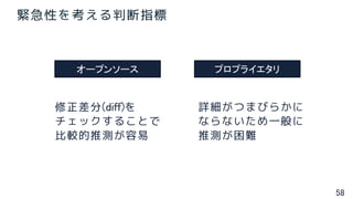 58
緊急性を考える判断指標
修正差分(diff)を
チェックすることで
比較的推測が容易
詳細がつまびらかに
ならないため一般に
推測が困難
オープンソース プロプライエタリ
 