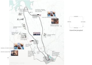 bulls unattended              counting, marking,
                                   while grazing                 vaccinating, saw off
                                   during summer                 huge antlers
                                                         navit




                                                                                                                              SUMMER
                                                                              selected animals slaughtered




                                                                                                                    SPRING                 AUTUMN


                                                                                              making of dried
                                                                                              venison and hide
                      towards summer
                      pasture                                                                                                 WINTER


                                                                                                                       General time perception?
                    slow walk in
                    melted, deep
                    snow                                                                towards winter
                                                                                        pasture



                                    calve arrival




                                             the bulls are
                                             kept inside
                                             fences
making of dried venison


                                                    the reindeer                                  -40ºc
winter slaughting                                   group split in                                total darkness,
                                                    smaller groups                                samene spread
                                                    to improve                                    out to cover a
                                                    grazing effi-                                 vast pasture
                                                    ciency



                                                                                           aidejavrre
 