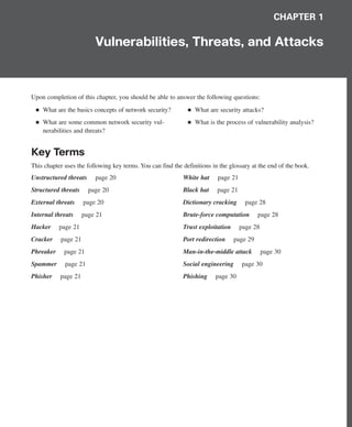 CHAPTER 1
Vulnerabilities, Threats, and Attacks
Upon completion of this chapter, you should be able to answer the following questions:
■ What are the basics concepts of network security?
■ What are some common network security vul-
nerabilities and threats?
■ What are security attacks?
■ What is the process of vulnerability analysis?
Key Terms
This chapter uses the following key terms. You can find the definitions in the glossary at the end of the book.
Unstructured threats page 20
Structured threats page 20
External threats page 20
Internal threats page 21
Hacker page 21
Cracker page 21
Phreaker page 21
Spammer page 21
Phisher page 21
White hat page 21
Black hat page 21
Dictionary cracking page 28
Brute-force computation page 28
Trust exploitation page 28
Port redirection page 29
Man-in-the-middle attack page 30
Social engineering page 30
Phishing page 30
02_162501s1i.qxd 9/7/06 11:04 AM Page 1
 