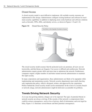 Closed Access
A closed security model is most difficult to implement. All available security measures are
implemented in this design. Administrators configure existing hardware and software for maxi-
mum-security capabilities in addition to deploying more costly hardware and software solutions
such as firewalls, VPNs, IDSs, and identity servers, as shown in Figures 1-9 and 1-10.
Figure 1-9 Closed Security Policy
The closed security model assumes that the protected assets are premium, all users are not
trustworthy, and that threats are frequent. User access is difficult and cumbersome. Network
administrators require greater skills and more time to administer the network. Furthermore,
companies require a higher number of and better trained network administrators to maintain
this tight security.
In many corporations and organizations, these administrators are likely to be unpopular while
implementing and maintaining security. Network security departments must clarify that they
only implement the policy, which is designed, written, and approved by the corporation.
Politics behind the closed security model can be monumental. In the event of a security breach
or network outage, network administrators might be held more accountable for problems.
Trends Driving Network Security
As in any fast-growing industry, changes are to be expected. The types of potential threats to
network security are always evolving. If the security of the network is compromised, there
could be serious consequences, such as loss of privacy, theft of information, and even legal lia-
bility. Figure 1-11 illustrates several threats and their potential consequences.
10 Network Security 1 and 2 Companion Guide
Transparent
User Access
That Which Is Not Explicitly Permitted Is Denied
Access
Maximum
Security
Security
02_162501s1i.qxd 9/7/06 11:04 AM Page 10
 