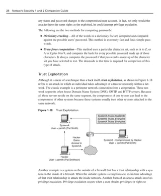 any status and password changes to the compromised user account. In fact, not only would the
attacker have the same rights as the exploited, he could attempt privilege escalation.
The following are the two methods for computing passwords:
■ Dictionary cracking—All of the words in a dictionary file are computed and compared
against the possible users’ password. This method is extremely fast and finds simple pass-
words.
■ Brute-force computation—This method uses a particular character set, such as A to Z, or
A to Z plus 0 to 9, and computes the hash for every possible password made up of those
characters. It always computes the password if that password is made up of the character
set you have selected to test. The downside is that time is required for completion of this
type of attack.
Trust Exploitation
Although it is more of a technique than a hack itself, trust exploitation, as shown in Figure 1-18
refers to an attack in which an individual takes advantage of a trust relationship within a net-
work. The classic example is a perimeter network connection from a corporation. These net-
work segments often house Domain Name System (DNS), SMTP, and HTTP servers. Because
all these servers reside on the same segment, the compromise of one system can lead to the
compromise of other systems because these systems usually trust other systems attached to the
same network.
Figure 1-18 Trust Exploitation
Another example is a system on the outside of a firewall that has a trust relationship with a sys-
tem on the inside of a firewall. When the outside system is compromised, it can take advantage
of that trust relationship to attack the inside network. Another form of an access attack involves
privilege escalation. Privilege escalation occurs when a user obtains privileges or rights to
28 Network Security 1 and 2 Companion Guide
SystemA
User = psmith (Pat Smith)
Hacker
User = psmith (Pat Smithson)
SystemB - Compromised by Hacker
User = psmith (Pat Smith)
Hacker
Gains
Access to
SystemA
SystemA Trusts SystemB
SystemB Trusts Everyone
SystemA Trusts Everyone
02_162501s1i.qxd 9/7/06 11:04 AM Page 28
 