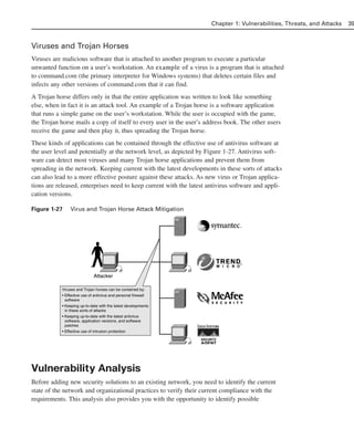 Viruses and Trojan Horses
Viruses are malicious software that is attached to another program to execute a particular
unwanted function on a user’s workstation. An e
example of
xample of a virus is a program that is attached
to command.com (the primary interpreter for Windows systems) that deletes certain files and
infects any other versions of command.com that it can find.
A Trojan horse differs only in that the entire application was written to look like something
else, when in fact it is an attack tool. An example of a Trojan horse is a software application
that runs a simple game on the user’s workstation. While the user is occupied with the game,
the Trojan horse mails a copy of itself to every user in the user’s address book. The other users
receive the game and then play it, thus spreading the Trojan horse.
These kinds of applications can be contained through the effective use of antivirus software at
the user level and potentially at the network level, as depicted by Figure 1-27. Antivirus soft-
ware can detect most viruses and many Trojan horse applications and prevent them from
spreading in the network. Keeping current with the latest developments in these sorts of attacks
can also lead to a more effective posture against these attacks. As new virus or Trojan applica-
tions are released, enterprises need to keep current with the latest antivirus software and appli-
cation versions.
Figure 1-27 Virus and Trojan Horse Attack Mitigation
Vulnerability Analysis
Before adding new security solutions to an existing network, you need to identify the current
state of the network and organizational practices to verify their current compliance with the
requirements. This analysis also provides you with the opportunity to identify possible
Chapter 1: Vulnerabilities, Threats, and Attacks 39
Attacker
Viruses and Trojan horses can be contained by:
• Effective use of antivirus and personal firewall
software
• Keeping up-to-date with the latest developments
in these sorts of attacks
• Keeping up-to-date with the latest antivirus
software, application versions, and software
patches
• Effective use of intrusion protection
02_162501s1i.qxd 9/7/06 11:04 AM Page 39
 