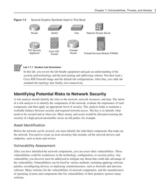 Figure 1-3 Several Graphic Symbols Used in This Book
Lab 1.1.1 Student Lab Orientation
In this lab, you review the lab bundle equipment and gain an understanding of the
security pod technology and the pod naming and addressing scheme. You then load a
Cisco IOS Firewall image and the default lab configurations. After that, you cable the
standard lab topology and, finally, test connectivity.
Identifying Potential Risks to Network Security
A risk analysis should identify the risks to the network, network resources, and data. The intent
of a risk analysis is to identify the components of the network, evaluate the importance of each
component, and then apply an appropriate level of security. This analysis helps to maintain a
workable balance between security and required network access. The key is to identify what
needs to be secured and at what cost. More money and assets would be allocated ensuring the
security of a high-priced automobile versus an old junker, for example.
Asset Identification
Before the network can be secured, you must identify the individual components that make up
the network. You need to create an asset inventory that includes all the network devices and
endpoints, such as hosts and servers.
Vulnerability Assessment
After you have identified the network components, you can assess their vulnerabilities. These
vulnerabilities could be weaknesses in the technology, configuration, or security policy. Any
vulnerability you discover must be addressed to mitigate any threat that could take advantage of
the vulnerability. Vulnerabilities can be fixed by various methods, including applying software
patches, reconfiguring devices, or deploying countermeasures, such as firewalls and antivirus
software. Many websites list the vulnerabilities of network components, and the manufacturers
of operating systems and components that list vulnerabilities of their products sponsor many
websites.
Chapter 1: Vulnerabilities, Threats, and Attacks 5
Router Switch Hub Network Access Server
PIX Security
Appliance
Firewall
Router Firewall Services Module (FWSM)
Cisco IOS
firewall
02_162501s1i.qxd 9/7/06 11:04 AM Page 5
 