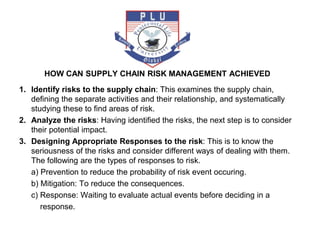 HOW CAN SUPPLY CHAIN RISK MANAGEMENT ACHIEVED
1. Identify risks to the supply chain: This examines the supply chain,
defining the separate activities and their relationship, and systematically
studying these to find areas of risk.
2. Analyze the risks: Having identified the risks, the next step is to consider
their potential impact.
3. Designing Appropriate Responses to the risk: This is to know the
seriousness of the risks and consider different ways of dealing with them.
The following are the types of responses to risk.
a) Prevention to reduce the probability of risk event occuring.
b) Mitigation: To reduce the consequences.
c) Response: Waiting to evaluate actual events before deciding in a
response.
 