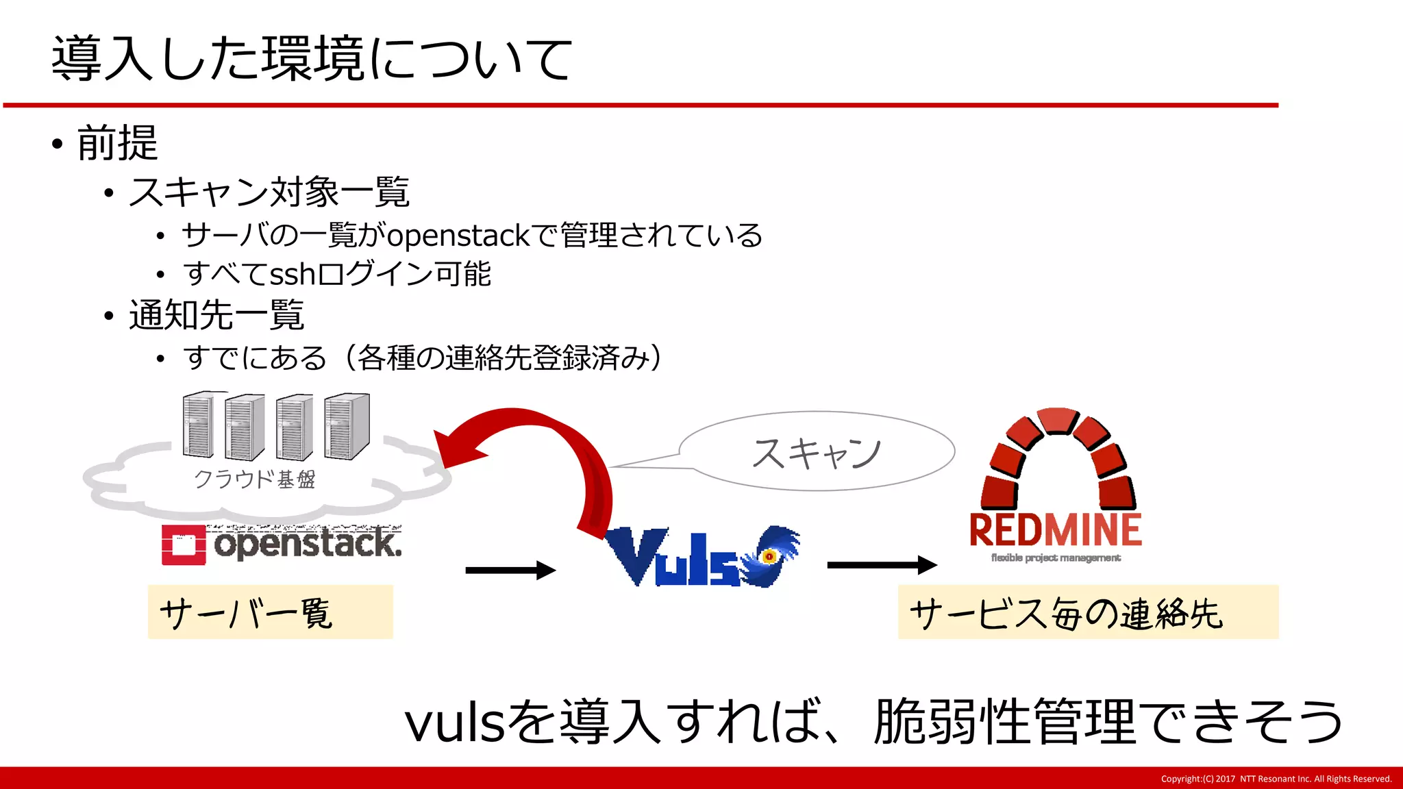 Copyright:(C) 2017 NTT Resonant Inc. All Rights Reserved.
クラウド基盤
導入した環境について
• 前提
• スキャン対象一覧
• サーバの一覧がopenstackで管理されている
• すべてsshログイン可能
• 通知先一覧
• すでにある（各種の連絡先登録済み）
サービス毎の連絡先サーバ一覧
vulsを導入すれば、脆弱性管理できそう
スキャン
 