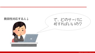 Copyright:(C) 2017 NTT Resonant Inc. All Rights Reserved.
で、どのサーバに
何すればいいの？
脆弱性対応する人↓
 