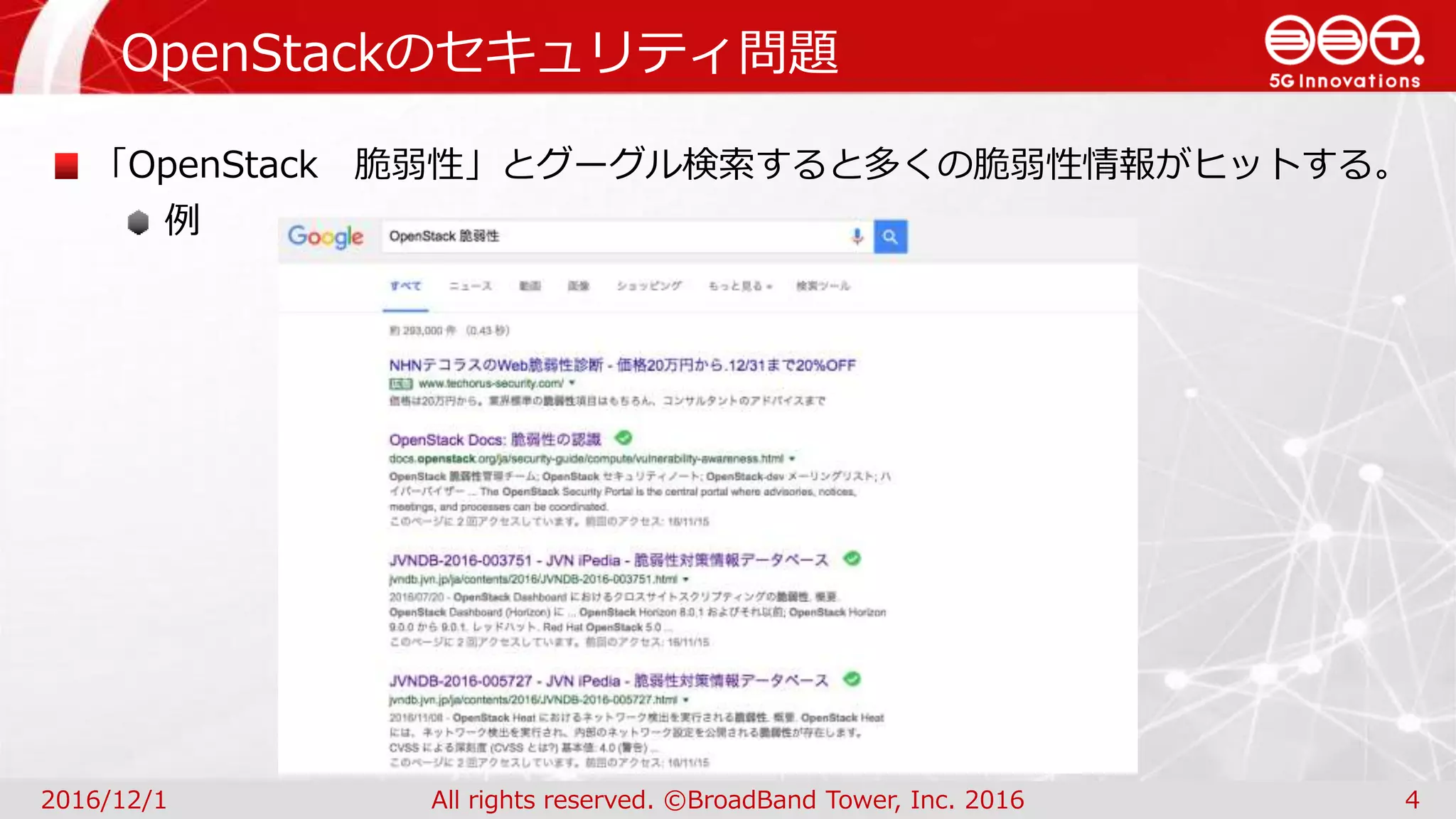 OpenStackのセキュリティ問題
2016/12/1 All rights reserved. ©BroadBand Tower, Inc. 2016 4
「OpenStack 脆弱性」とグーグル検索すると多くの脆弱性情報がヒットする。
例
 