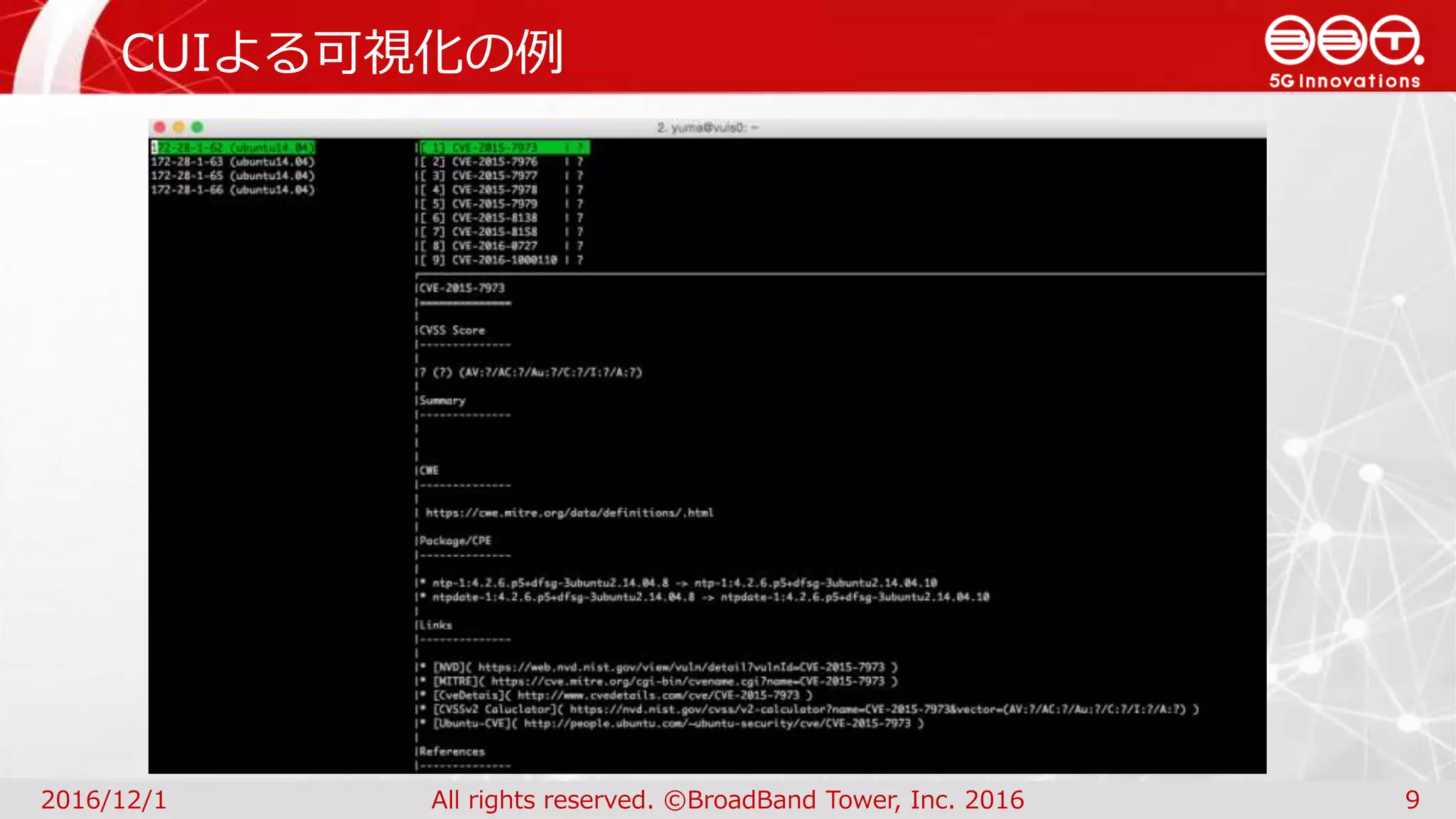 CUIよる可視化の例
2016/12/1 All rights reserved. ©BroadBand Tower, Inc. 2016 9
 