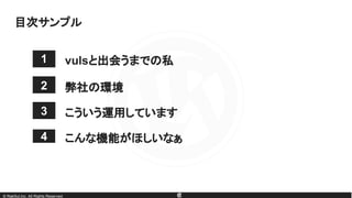 © RakSul,Inc. All Rights Reserved.
目次サンプル
3 こういう運用しています
2
1 vulsと出会うまでの私
弊社の環境
こんな機能がほしいなぁ4
 