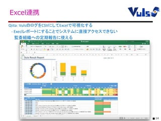 14
Excel連携
Qiita：VulsのログをCSVにしてExcelで可視化する
- Execlレポートにすることでシステムに直接アクセスできない
監査組織への定期報告に使える
 