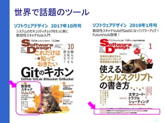 19
世界で話題のツール
- 19 -
ソフトウェアデザイン 2017年10月号
システムのセキュリティチェックをもっと楽に
脆弱性スキャナVuls入門
ソフトウェアデザイン 2018年1月号
脆弱性スキャナVulsがSaaSになってパワーアップ！
FutureVuls登場！
 