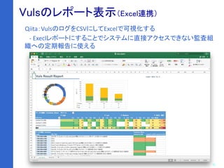 25
VulsRepo
Qiita：VulsのログをCSVにしてExcelで可視化する
- Execlレポートにすることでシステムに直接アクセスできない監査組
織への定期報告に使える
Vulsのレポート表示（Excel連携）
 