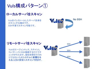 28
Vuls構成パターン①
Vulsはエージェントレス、スキャンし
たいサーバにSSH接続するだけでチ
ェックが行えます。疑似攻撃を行うわ
けではないためシステムに影響を与
えることなく安全にスキャンできます。
リモートサーバをスキャン
Vulsをインストールしたサーバ自身を
スキャンする場合です。
SSH不要でスキャン可能です。
ローカルサーバをスキャン
SSH
SSH
SSH
No SSH
 