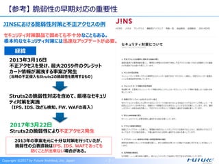 【参考】 脆弱性の早期対応の重要性
Copyright ©2017 by Future Architect, Inc. Japan - 7 -
2013年3月16日
不正アクセスを受け、最大2059件のクレジット
カード情報が漏洩する事案が発生
(当時の不正侵入もStruts2の脆弱性を悪用するもの)
Struts2の脆弱性対応を含めて、厳格なセキュリ
ティ対策を実施
（IPS、IDS、改ざん検知、FW、WAFの導入）
2017年3月22日
Struts2の脆弱性により不正アクセス発生
2013年の事案を元に十分な対策を行っていたが、
脆弱性の公表直後はIPS、IDS、WAFであっても
防ぐことが出来ない場合がある。
セキュリティ対策製品で固めても不十分なこともある。
根本的なセキュリティ対策には迅速なアップデートが必要。
JINSにおける脆弱性対策と不正アクセスの例
経緯
 