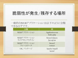 脆弱性が発生/残存する場所
一般的なWEBアプリケーションは以下のように分類
できるはずです。
分類 例
WEBアプリケーション Application.war
Index.php
WEBアプリケーション
ライブラリ/プラグイン
Struts2 jQuery
Jsp-api.jar
WEBアプリケーション
フレームワーク
Struts2
tomcat
OS、パッケージ Apache httpd2
kernel
 