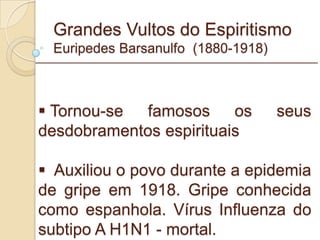 Grandes Vultos do Espiritismo Euripedes Barsanulfo  (1880-1918) Tornou-se famosos os seus desdobramentos espirituais  Auxiliou o povo durante a epidemia de gripe em 1918. Gripe conhecida como espanhola. Vírus Influenza do subtipo A H1N1 - mortal. _________________________________________________________ 