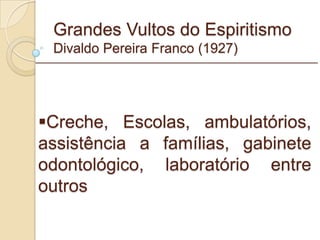 Grandes Vultos do Espiritismo Divaldo Pereira Franco (1927) Creche, Escolas, ambulatórios, assistência a famílias, gabinete odontológico, laboratório entre outros _________________________________________________________ 