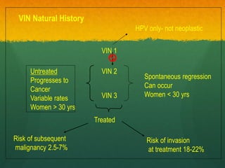 VIN 2
VIN 1
VIN 3
HPV only- not neoplastic
Untreated
Progresses to
Cancer
Variable rates
Women > 30 yrs
Treated
VIN Natural History
Spontaneous regression
Can occur
Women < 30 yrs
Risk of subsequent
malignancy 2.5-7%
Risk of invasion
at treatment 18-22%
 