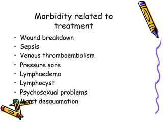 Morbidity related to
treatment
•  Wound breakdown
•  Sepsis
•  Venous thromboembolism
•  Pressure sore
•  Lymphaedema
•  Lymphocyst
•  Psychosexual problems
•  Moist desquamation
 