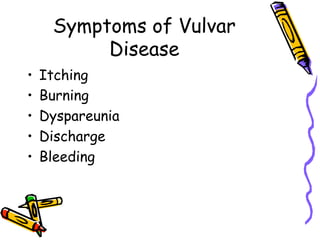 Symptoms of Vulvar
Disease
• Itching
• Burning
• Dyspareunia
• Discharge
• Bleeding