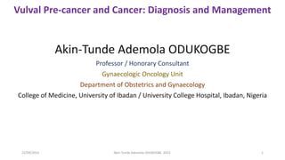 Vulval Pre-cancer and Cancer: Diagnosis and Management
Akin-Tunde Ademola ODUKOGBE
Professor / Honorary Consultant
Gynaecologic Oncology Unit
Department of Obstetrics and Gynaecology
College of Medicine, University of Ibadan / University College Hospital, Ibadan, Nigeria
22/09/2023 Akin-Tunde Ademola ODUKOGBE. 2022. 1
 