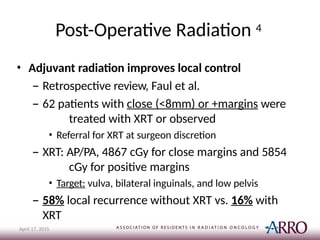 Post-Operative Radiation 4
April 17, 2015
• Adjuvant radiation improves local control
– Retrospective review, Faul et al.
– 62 patients with close (<8mm) or +margins were
treated with XRT or observed
• Referral for XRT at surgeon discretion
– XRT: AP/PA, 4867 cGy for close margins and 5854
cGy for positive margins
• Target: vulva, bilateral inguinals, and low pelvis
– 58% local recurrence without XRT vs. 16% with
XRT
 