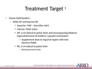 Treatment Target 1
April 17, 2015
• Classic field borders 1
– Wide AP and Narrow PA
• Superior: Mid – Sacroiliac Joint
• Inferior: Flash Vulva
• AP: 2 cm lateral to pelvic brim and encompassing bilateral
inguinal/femoral LN stations (~greater trochanter)
– Supplement dose to inguinal region with two
electron fields
• PA: 2 cm lateral to pelvic brim
– Blocking femoral heads
 
