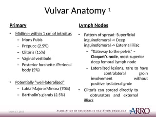 Vulvar Anatomy 1
April 17, 2015
Primary
• Midline: within 1 cm of introitus
– Mons Pubis
– Prepuce (2.5%)
– Clitoris (15%)
– Vaginal vestibule
– Posterior forchette /Perineal
body (5%)
• Potentially “well-lateralized”
– Labia Majora/Minora (70%)
– Bartholin’s glands (2.5%)
Lymph Nodes
• Pattern of spread: Superficial
inguinofemoral -> Deep
inguinofemoral -> External illiac
– “Gateway to the pelvis” –
Cloquet’s node, most superior
deep femoral lymph node
– Lateralized lesions, rare to have
contralateral groin
involvement without
positive ipsilateral groin
• Clitoris can spread directly to
obtrurators and external
illiacs
 