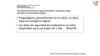 • Progestágeno generalmente no se indica en dosis
bajas de estrógeno vaginal
• Los datos de seguridad del endometrio no están
disponibles para uso mayor de 1 año. [Nivel B]
2013 The North American Menopause Society.
 