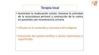 Terapia local
• Aumentan la maduración celular, favorece la actividad
de la musculatura perineal y contracción de la uretra
en pacientes con incontinencia urinaria
• Influyen en el contenido y estructura del colágeno
• Conversión del epitelio atrófico a células intermedias o
superficiales
 