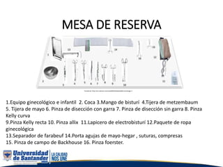 MESA DE RESERVA
1.Equipo ginecológico e infantil 2. Coca 3.Mango de bisturí 4.Tijera de metzembaum
5. Tijera de mayo 6. Pinza de disección con garra 7. Pinza de disección sin garra 8. Pinza
Kelly curva
9.Pinza Kelly recta 10. Pinza allix 11.Lapicero de electrobisturí 12.Paquete de ropa
ginecológica
13.Separador de farabeuf 14.Porta agujas de mayo-hegar , suturas, compresas
15. Pinza de campo de Backhouse 16. Pinza foerster.
Tomado de: https://es.calameo.com/read/0047035663ad3f6c51acd?page=1
 