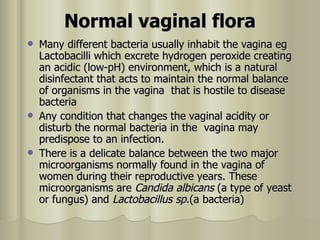 Normal vaginal flora Many different bacteria usually inhabit the vagina eg Lactobacilli which excrete hydrogen peroxide creating an acidic (low-pH) environment, which is a natural disinfectant that acts to maintain the normal balance of organisms in the vagina  that is hostile to disease bacteria  Any condition that changes the vaginal acidity or disturb the normal bacteria in the  vagina may predispose to an infection .   There is a delicate balance between the two major microorganisms normally found in the vagina of women during their reproductive years. These microorganisms are  Candida albicans  (a type of yeast or fungus) and  Lactobacillus sp .(a bacteria)  