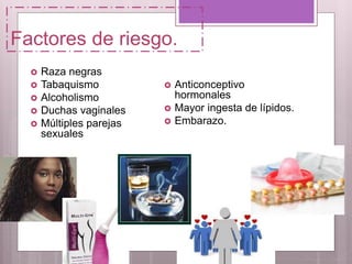 Factores de riesgo.
 Raza negras
 Tabaquismo
 Alcoholismo
 Duchas vaginales
 Múltiples parejas
sexuales
 Anticonceptivo
hormonales
 Mayor ingesta de lípidos.
 Embarazo.
 
