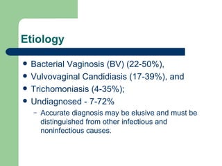 Etiology Bacterial Vaginosis (BV) (22-50%),  Vulvovaginal Candidiasis (17-39%), and  Trichomoniasis (4-35%);  Undiagnosed - 7-72%  Accurate diagnosis may be elusive and must be distinguished from other infectious and noninfectious causes.  
