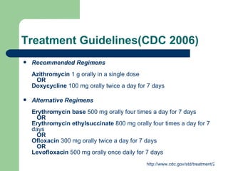 Treatment Guidelines(CDC 2006) Recommended Regimens Azithromycin  1 g orally in a single dose     OR Doxycycline  100 mg orally twice a day for 7 days Alternative Regimens Erythromycin base  500 mg orally four times a day for 7 days     OR Erythromycin ethylsuccinate  800 mg orally four times a day for 7 days     OR Ofloxacin  300 mg orally twice a day for 7 days     OR Levofloxacin  500 mg orally once daily for 7 days 
