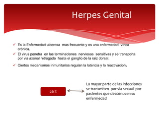 Herpes Genital

 Es la Enfermedad ulcerosa mas frecuente y es una enfermedad vírica
  crónica.
 El virus penetra en las terminaciones nerviosas sensitivas y se transporta
  por via axonal retrogada hasta el ganglio de la raiz dorsal.
 Ciertos mecanismos inmunitarios regulan la latencia y la reactivacion.




                                              La mayor parte de las infecciones
                                              se transmiten por via sexual por
                       26 %
                                              pacientes que desconocen su
                                              enfermedad
 