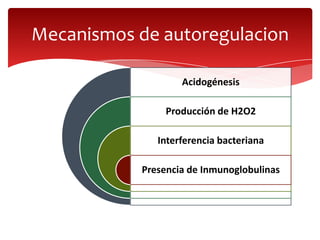 Mecanismos de autoregulacion

                    Acidogénesis

                 Producción de H2O2

               Interferencia bacteriana

            Presencia de Inmunoglobulinas
 