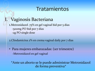 Tratamientos
I. Vaginosis Bacteriana
 1.Metronidazol .75% en gel vaginal bid por 5 días
   -500mg PO bid por 7 días
   -2g...
