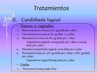Tratamientos
II. Candidiasis Vaginal
  • Tópicos o vaginales:
  1.    Butoconazol en crema al 2%, 5g daily por 3 días
  2....