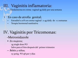 III. Vaginitis inflamatoria:
  – Clindamicina en crema vaginal 5g daily por una semana


• En caso de atrofia genital;
  –...