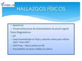 o Apariencia
o Presencia/Ausencia de eritema/edema de pared vaginal
 Tests Diagnósticos
o pH
o Isopo humedecido en flujo y solución salina para células
clave “clue cells”.
o KOH Prep – libera aminas en BV
o Pseudohifas se hacen visibles al cultivo.
HALLAZGOS FÍSICOS
 