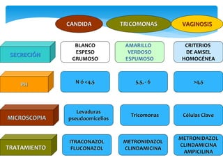 SECRECIÓN
PH
MICROSCOPIA
TRATAMIENTO
CANDIDA TRICOMONAS VAGINOSIS
BLANCO
ESPESO
GRUMOSO
N ó <4,5
AMARILLO
VERDOSO
ESPUMOSO
CRITERIOS
DE AMSEL
HOMOGÉNEA
>4,5
METRONIDAZOL
CLINDAMICINA
AMPICILINA
METRONIDAZOL
CLINDAMICINA
ITRACONAZOL
FLUCONAZOL
Tricomonas
Levaduras
pseudoomicelios
5,5, - 6
Células Clave
 