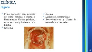 CLÍNICA
15
Signos
 Flujo variable: con aspecto
de leche cortada o ricota o
bien mucoso blanco grisáceo,
rara vez sanguinolento, sin
fetidez
 Eritema
 Edema
 Lesiones descamativas
 Exulceraciones y úlcera (a
menudo por rascado)
 