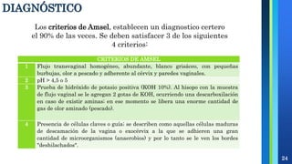 DIAGNÓSTICO
24
Los criterios de Amsel, establecen un diagnostico certero
el 90% de las veces. Se deben satisfacer 3 de los siguientes
4 criterios:
CRITERIOS DE AMSEL
1 Flujo transvaginal homogéneo, abundante, blanco grisáceo, con pequeñas
burbujas, olor a pescado y adherente al cérvix y paredes vaginales.
2 pH > 4,5 o 5
3 Prueba de hidróxido de potasio positiva (KOH 10%). Al hisopo con la muestra
de flujo vaginal se le agregan 2 gotas de KOH, ocurriendo una descarboxilación
en caso de existir aminas; en ese momento se libera una enorme cantidad de
gas de olor aminado (pescado).
4 Presencia de células claves o guía; se describen como aquellas células maduras
de descamación de la vagina o exocérvix a la que se adhieren una gran
cantidad de microorganismos (anaerobios) y por lo tanto se le ven los bordes
"deshilachados".
 