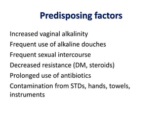 Predisposing factors
Increased vaginal alkalinity
Frequent use of alkaline douches
Frequent sexual intercourse
Decreased resistance (DM, steroids)
Prolonged use of antibiotics
Contamination from STDs, hands, towels,
instruments
 
