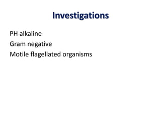 Investigations
PH alkaline
Gram negative
Motile flagellated organisms
 