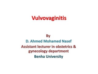 Vulvovaginitis
By
D. Ahmed Mohamed Nasef
Assistant lecturer in obstetrics &
gynecology department
Benha University
 