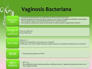 Vaginosis Bacteriana
• La mayoría de las pacientes son asintomáticas (hasta el 50% de los casos)
• Síntoma fundamental: leucorrea blanco-grisácea, poco densa, homogénea, maloliente (característico
“olor a pescado”) que se exacerba después del coito o la menstruación.
• Al no producir inflamación tisular, las pacientes no refieren prurito, dispareunia ni disuria.
Síntomas y
signos
•Leucorrea adherente
•Escasa inflamación
Hallazgos de
la
exploración
•PMN/CE > 1
•Pérdida de Lactobacillus con incremento de cocobacilos
•Células guía (“clue cells”) (células del epitelio vaginal escamoso con abundantes adherencias de cocobacilos)
Suero salino
• Test de aminas positivo (70-80%)
KOH
• pH ≥ 4,5
• No utilidad del cultivo (tanto anaerobios, coliformes como G. vaginalis se pueden encontrar en la
flora vaginal normal)
pH y
Cultivo
 